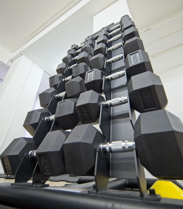 Kurzhantel-Rack mit Gewichten von leicht bis schwer
